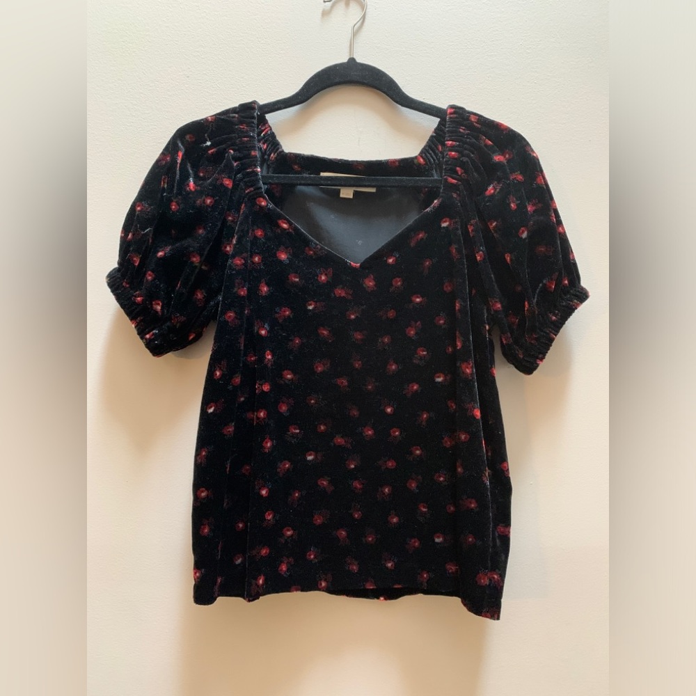 Loft short sleeve black velvetey blouse with cherries pattern